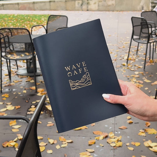Dark Blue Thick Leather Menu Cover With Plastic Sleeves