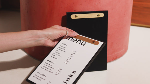 Ashwood Menu Holder with Rounded Brass Plank