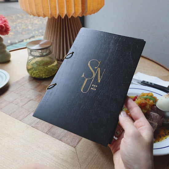 Black Plywood Menu Book with Golden Rings
