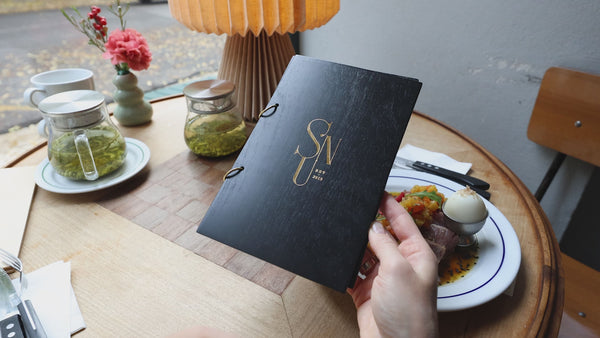 Black Plywood Menu Book with Golden Rings