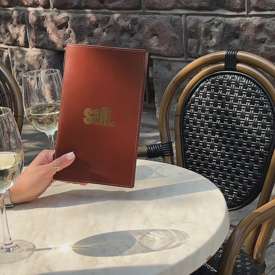 Brown Menu Cover with Stitching and Elastic Band