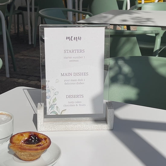 White Wooden:Acrylic Table Top Menu Stand