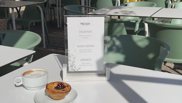 White Wooden:Acrylic Table Top Menu Stand