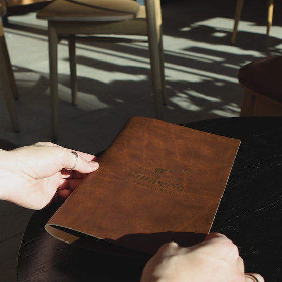 Recycled Antique Brown Leather Menu Cover with Rings Mechanism