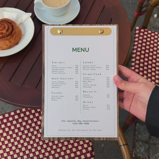 Walnut Menu Holder with Rounded Brass Plank