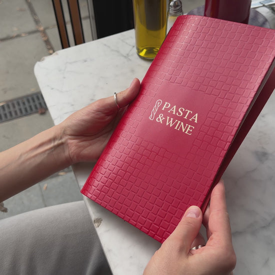 Red Leather Menu Book with Woven Pattern