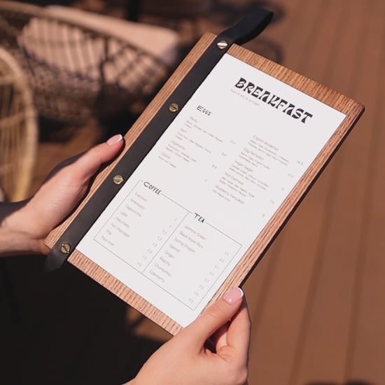 Lacquer Wooden Menu Holder With Leather Strap-Loop