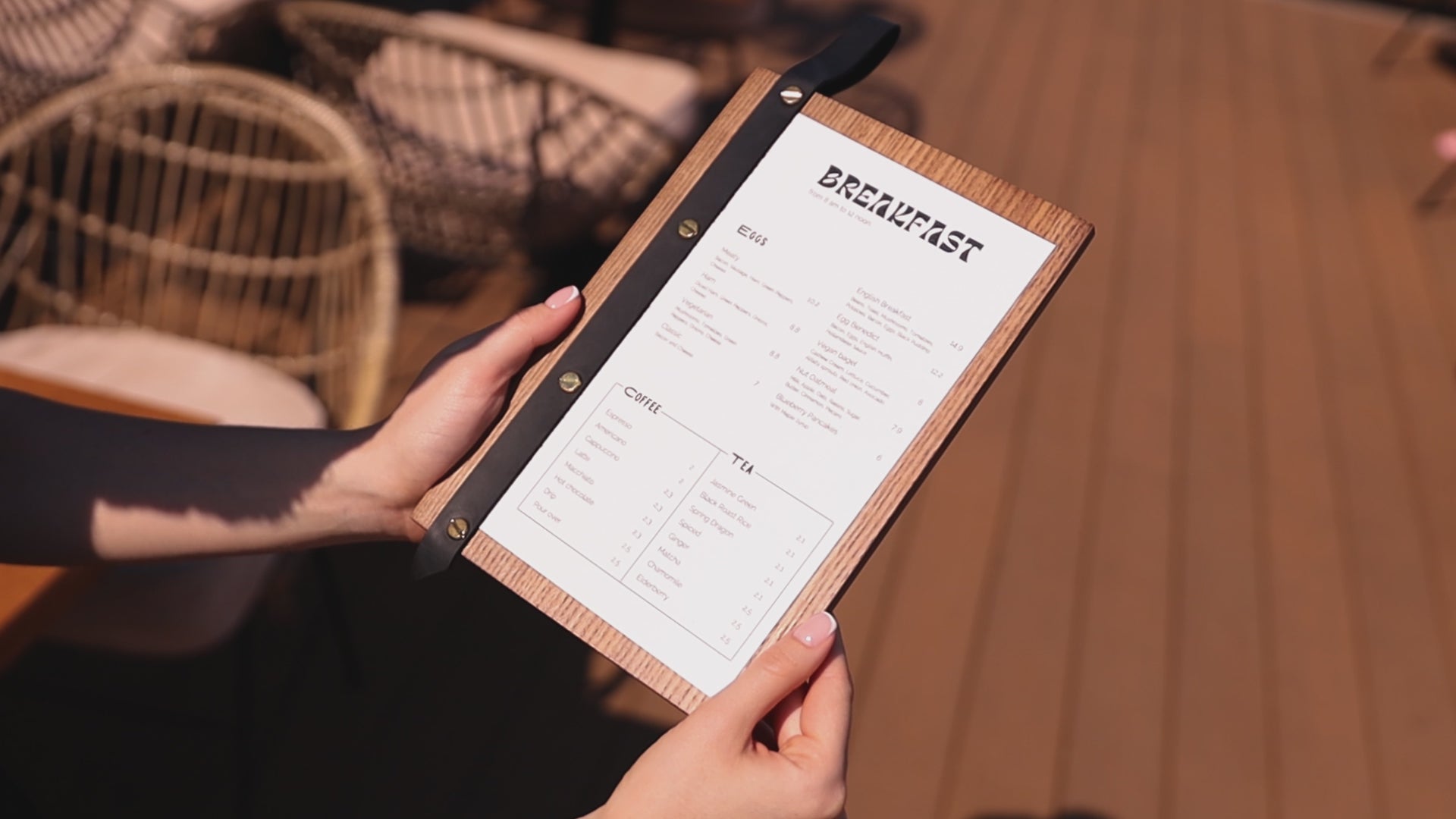 Lacquer Wooden Menu Holder With Leather Strap-Loop