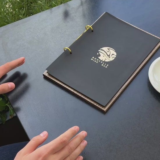 Walnut Menu Holder with Black Leather Cover and Rings Mechanism