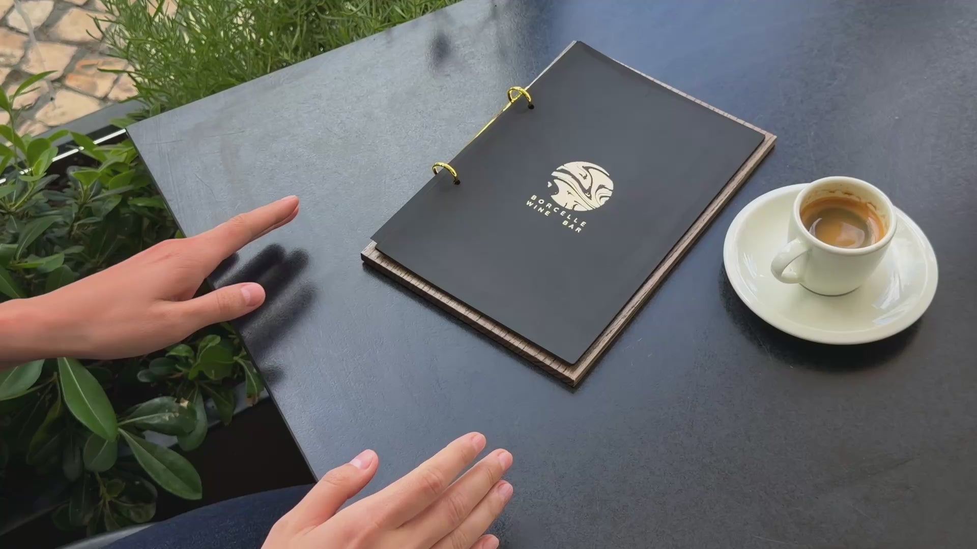 Walnut Menu Holder with Black Leather Cover and Rings Mechanism