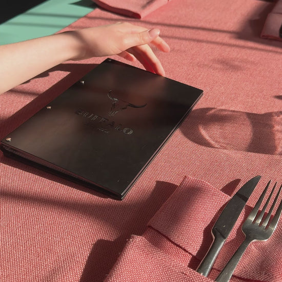 Black Wooden Menu Holder With Plastic Sleeves