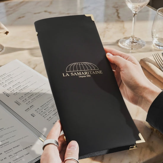 Black Thick Leather Menu Cover with Plastic Sleeves and Corners