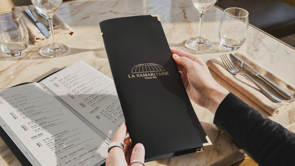 Black Thick Leather Menu Cover with Plastic Sleeves and Corners