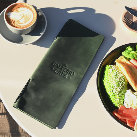 Green Leather Menu Folder with Elastic Band