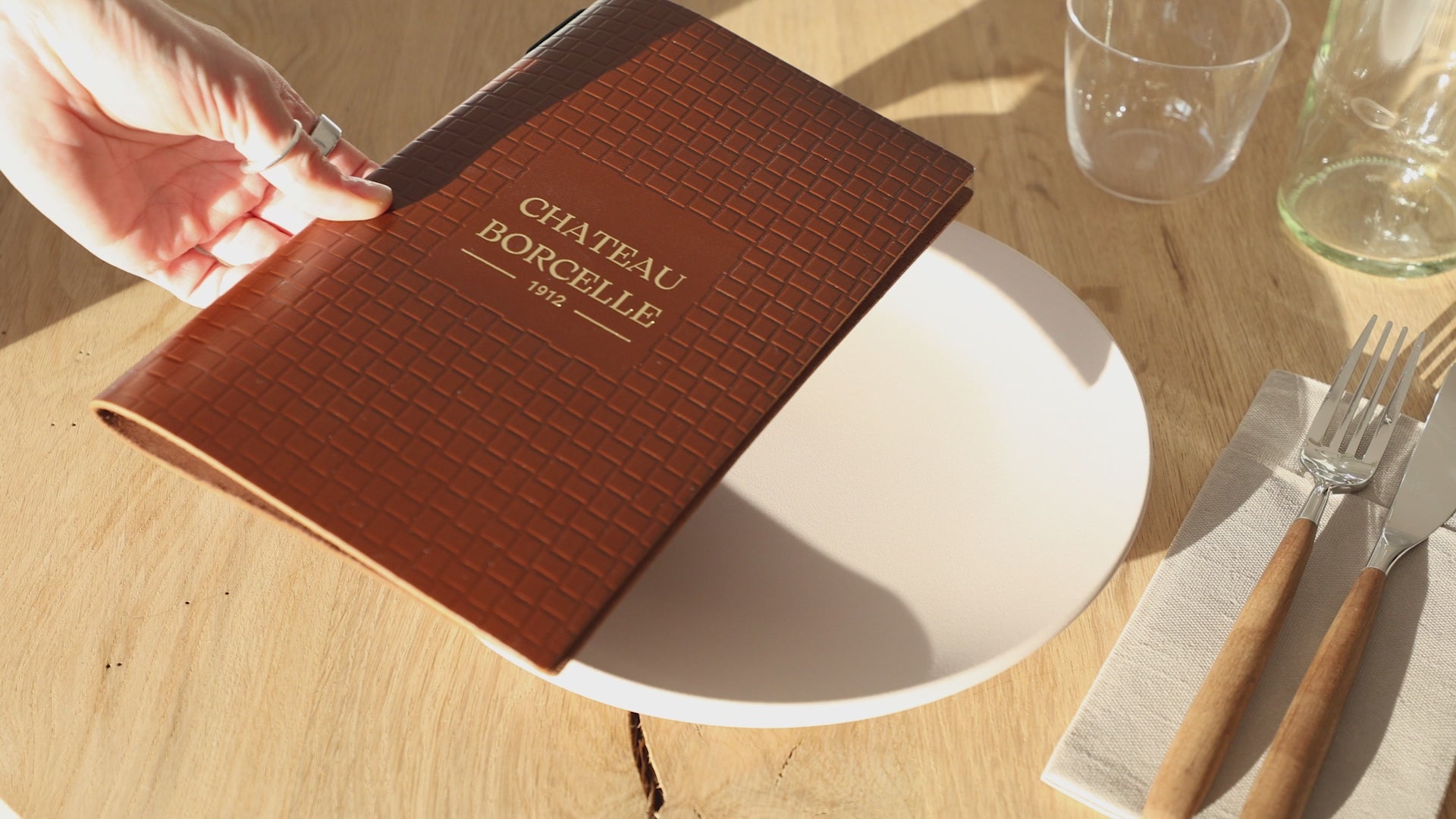 Brown Leather Menu Cover with Woven Pattern