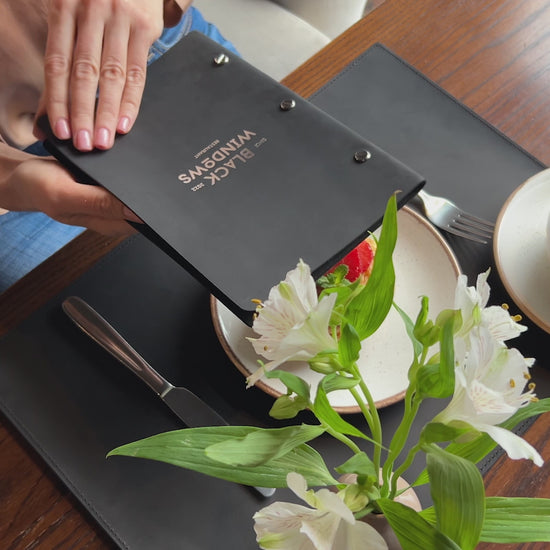 Black Leather Menu Cover with Brass Bolts