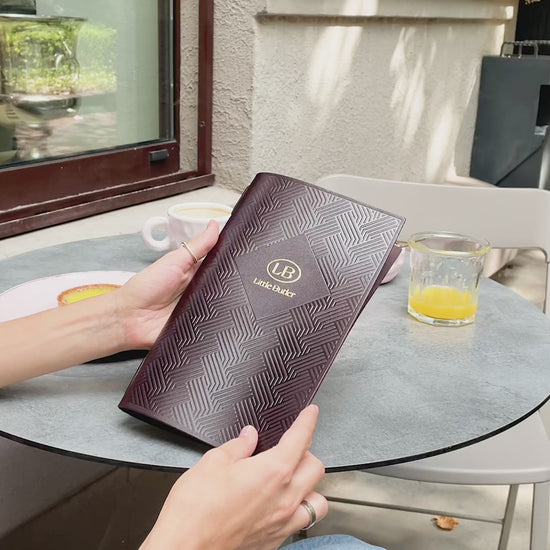 Dark Brown Thick Leather Menu Cover with Pattern and logo