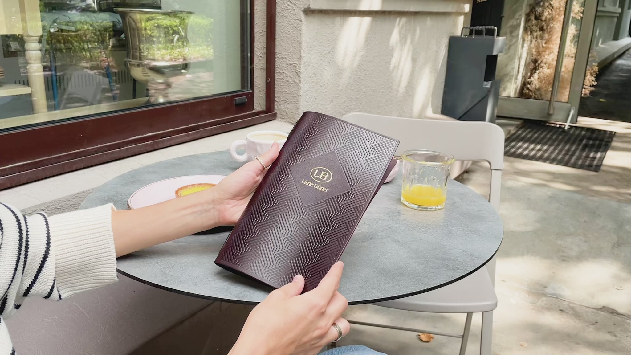 Dark Brown Thick Leather Menu Cover with Pattern and logo