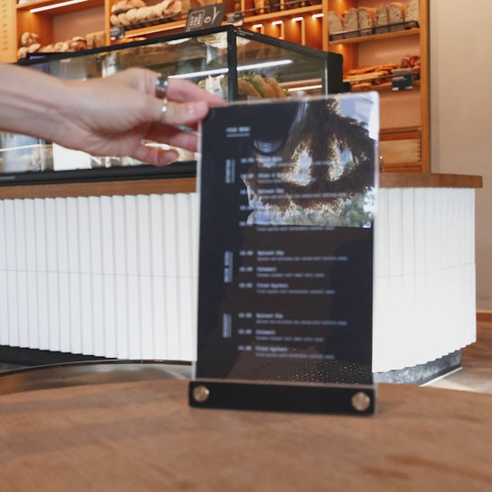 Acrylic Table Top Menu Holder with Black Ashwood Stand and Brass Screws