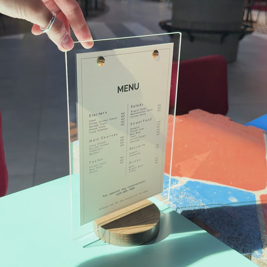 Acrylic Table Top Display with Wooden Walnut Round Stand