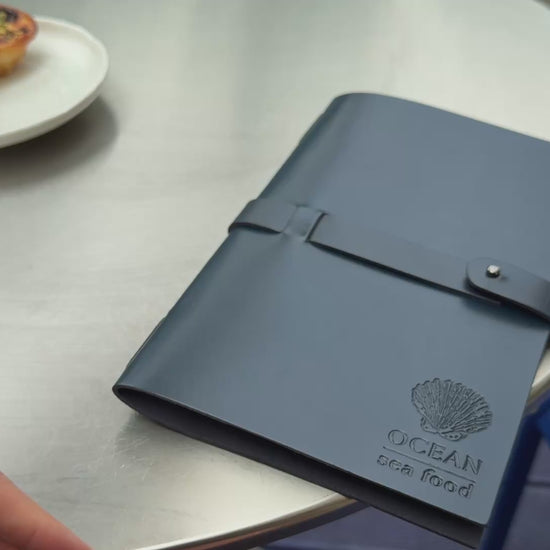 Dark Blue Thick Leather Menu Cover with Leather Belt