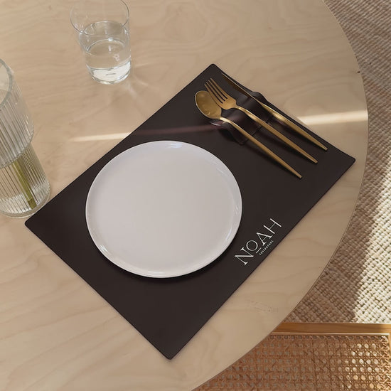 Dark Brown Thick Leather Placemats with Built-In Cutlery Holder