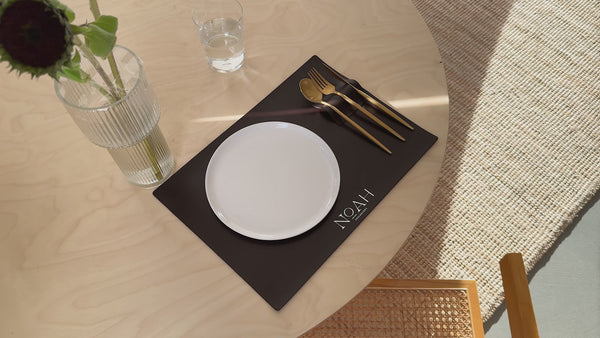 Dark Brown Thick Leather Placemats with Built-In Cutlery Holder