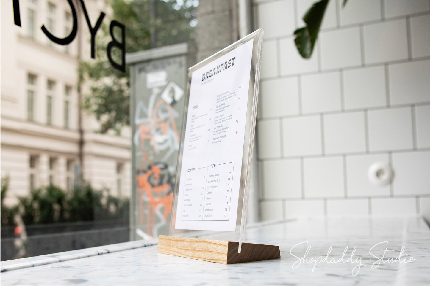 Acrylic Table Tent with Matt Lacquer Wooden Inclined Stand for restaurant