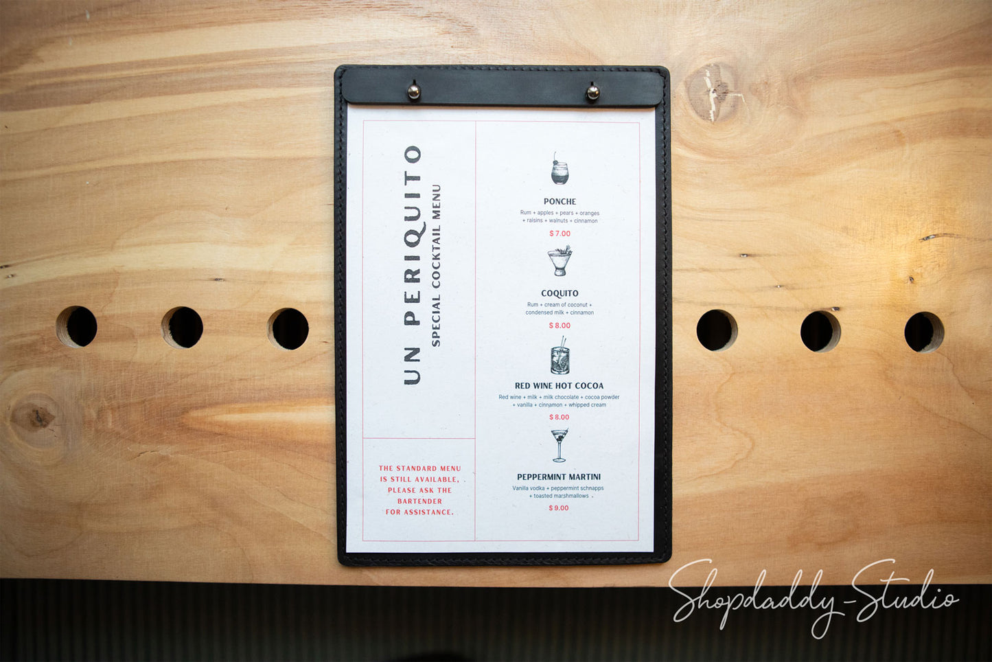 stylish leather Menu cover with caburn plank with logo