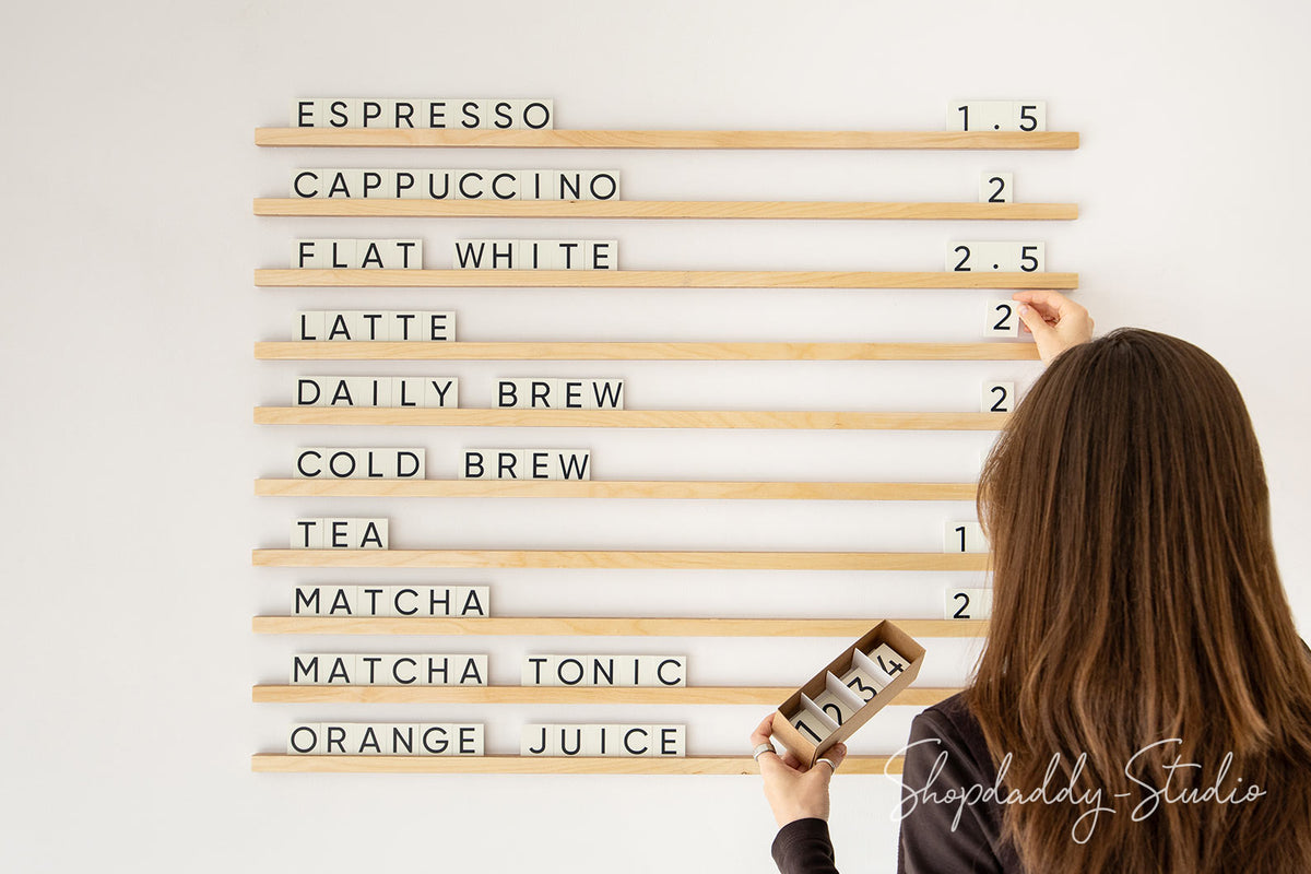 Modern Wall Menu Board With Wooden Rails & Changeable Letters