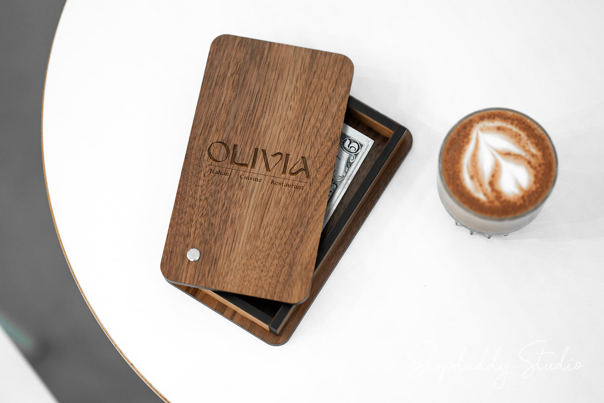 Wooden Check Presenter Box with Rotating Lid and logo