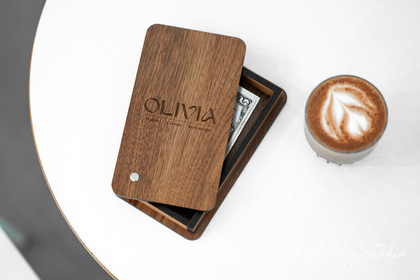 Wooden Check Presenter Box with Rotating Lid and logo