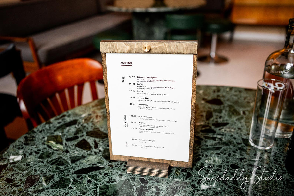 wood tabletop menu for restaurant with logo