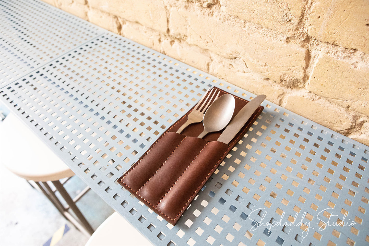 Custom Brown Cutlery Pouch with logo for cafe