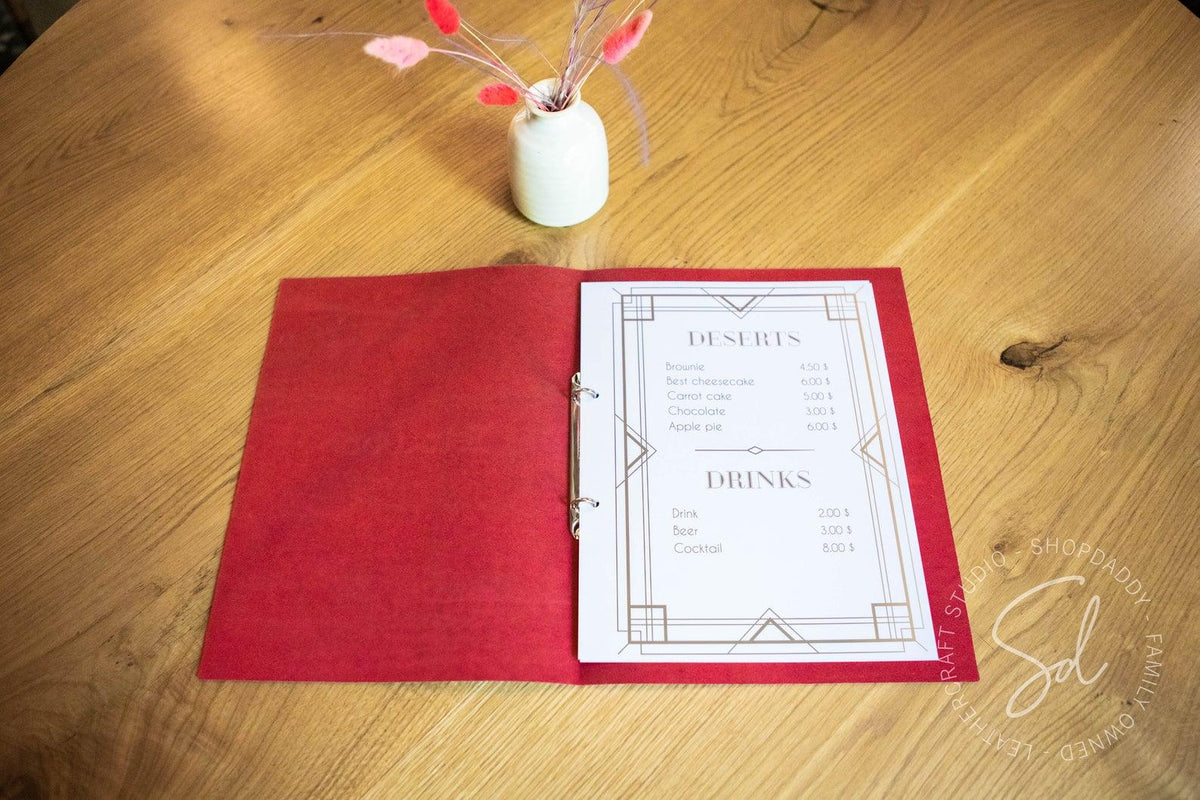 cafe Red Thick Leather Menu Cover with Rings Mechanism