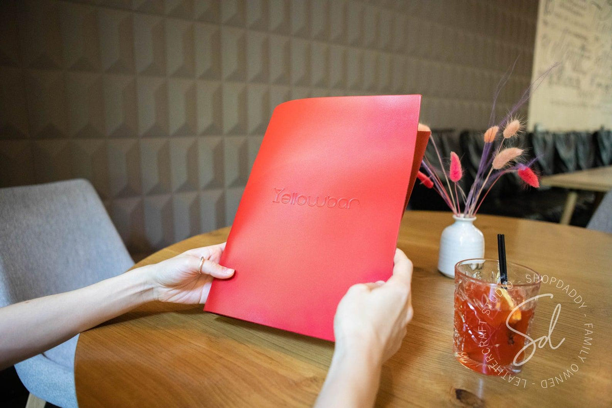 Red Thick Leather Menu Cover with Rings Mechanism for restaurant