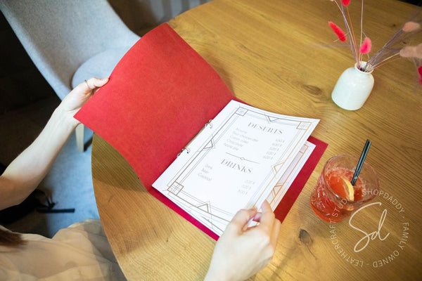 Red Leather Menu Cover with Rings Mechanism