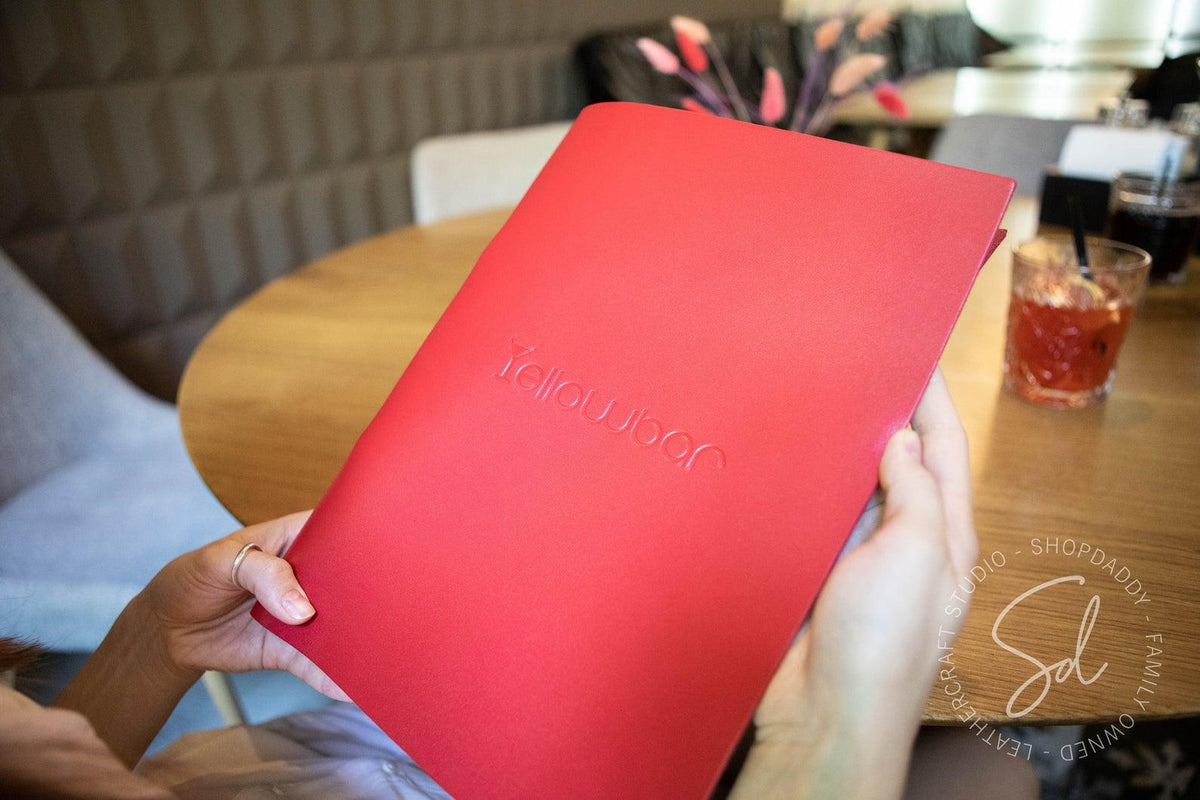 Stylish Red Leather Menu Cover with Rings Mechanism