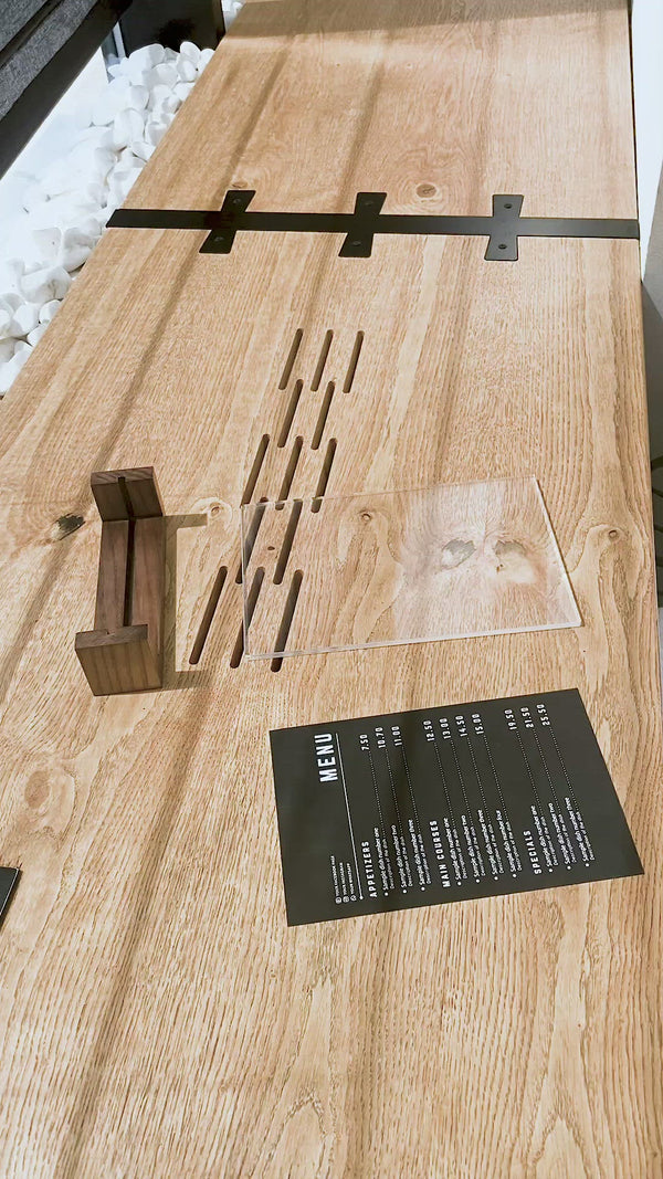 Walnut Wooden/Acrylic Table Top Menu Stand for bar