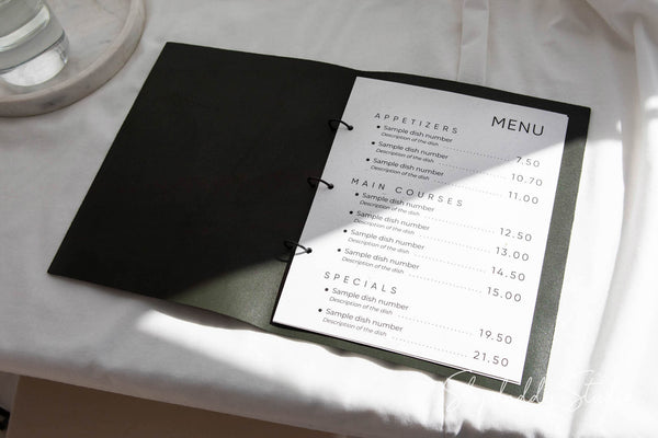 menu cover, menu holder, green menu cover, leather binder menu, cocktail menu, menu case, 85x55, a4, a5, 85x11, wine list menu, drink menu, whiskey bar menu, design menu covers, hard menu cover, restaurant menu, Shop-Daddy Studio
