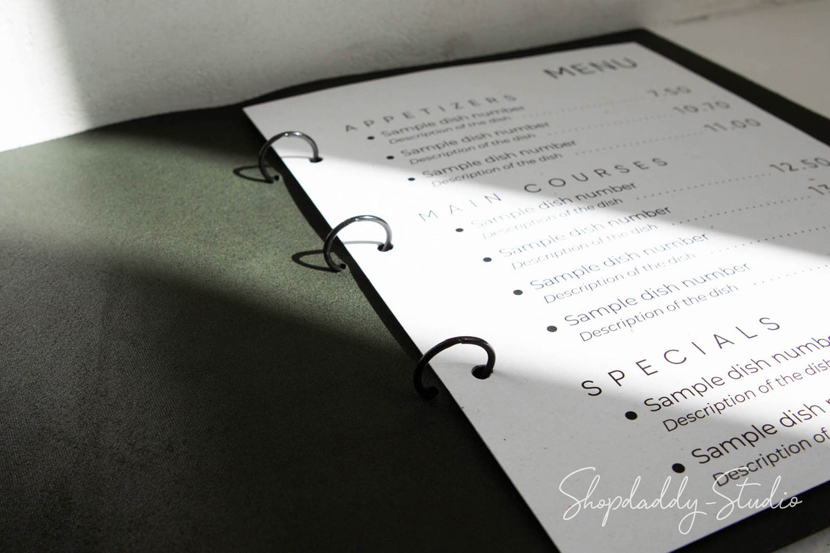 menu cover, menu holder, green menu cover, leather binder menu, cocktail menu, menu case, 85x55, a4, a5, 85x11, wine list menu, drink menu, whiskey bar menu, design menu covers, hard menu cover, restaurant menu, Shop-Daddy Studio