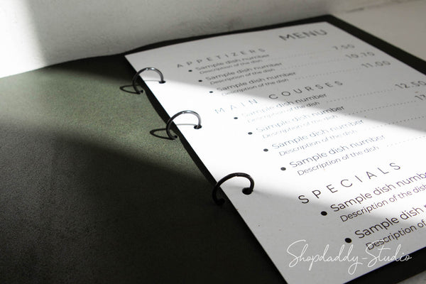 menu cover, menu holder, green menu cover, leather binder menu, cocktail menu, menu case, 85x55, a4, a5, 85x11, wine list menu, drink menu, whiskey bar menu, design menu covers, hard menu cover, restaurant menu, Shop-Daddy Studio