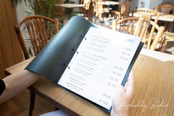 menu cover, menu holder, green menu cover, leather binder menu, cocktail menu, menu case, 85x55, a4, a5, 85x11, wine list menu, drink menu, whiskey bar menu, design menu covers, hard menu cover, restaurant menu, Shop-Daddy Studio