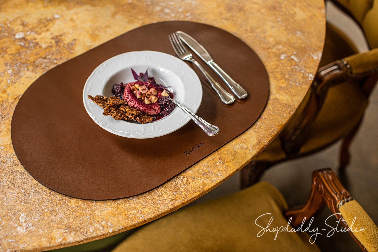 Brown Leather Oval Table Dining Place mat for restaurant
