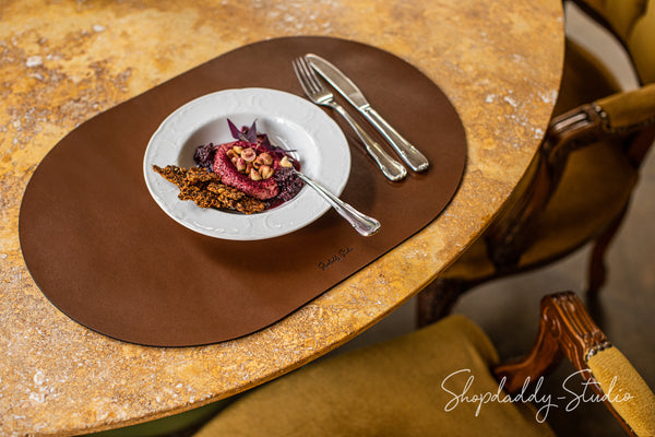 Brown Leather Oval Table Dining Place mat for restaurant