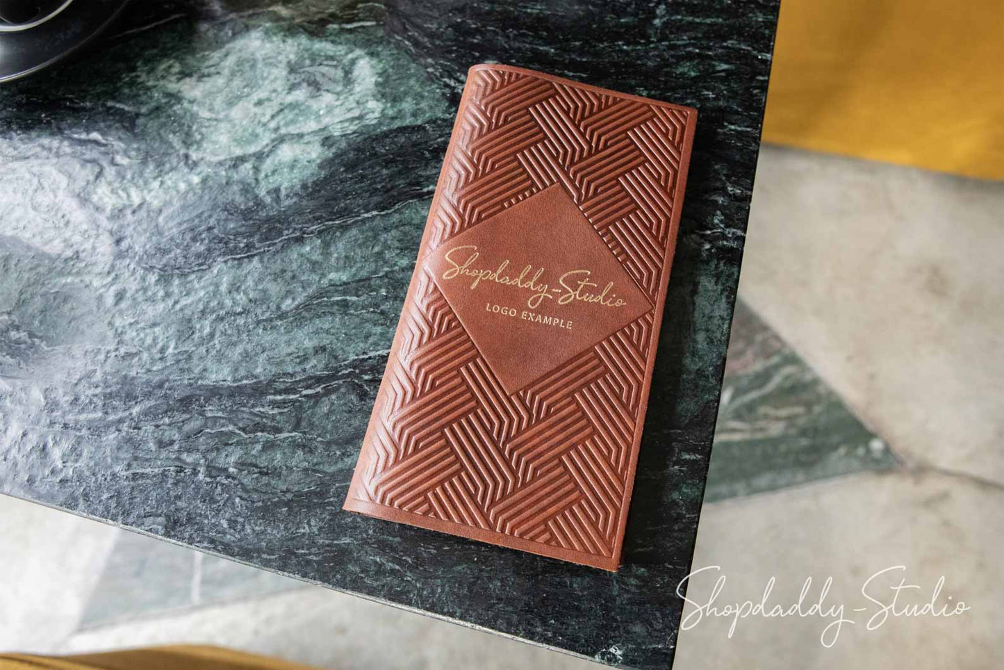  Brown Italian Leather Check Presenter with Pattern and logo