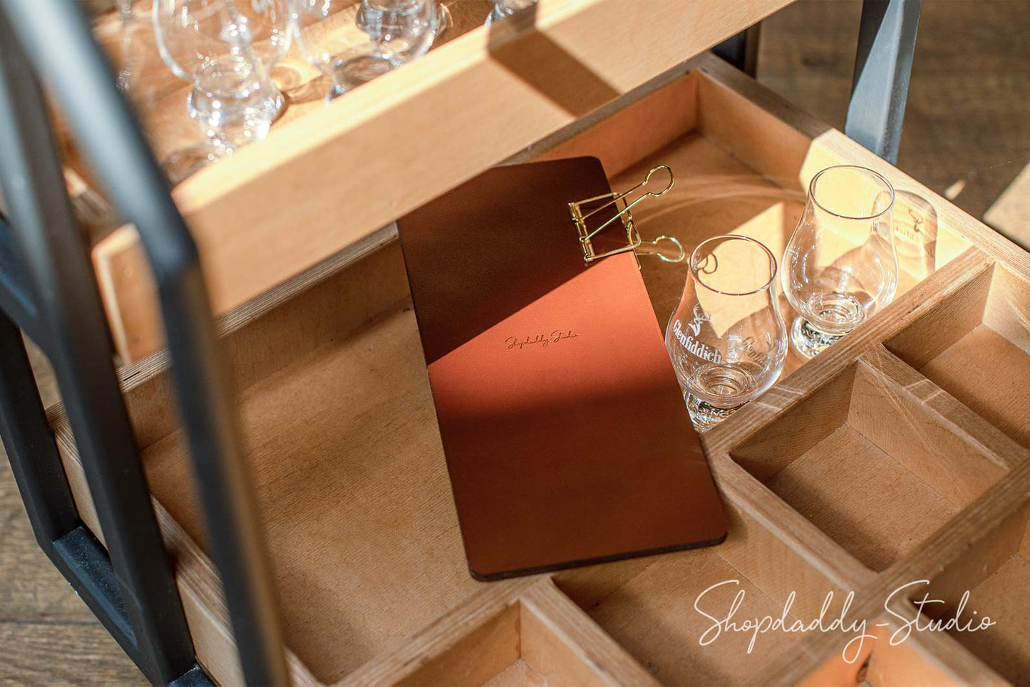 restaurant Leather and Wood Menu Board with Golden Binder