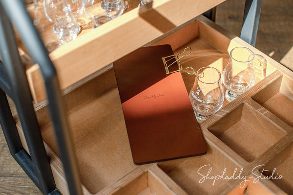 restaurant Leather and Wood Menu Board with Golden Binder