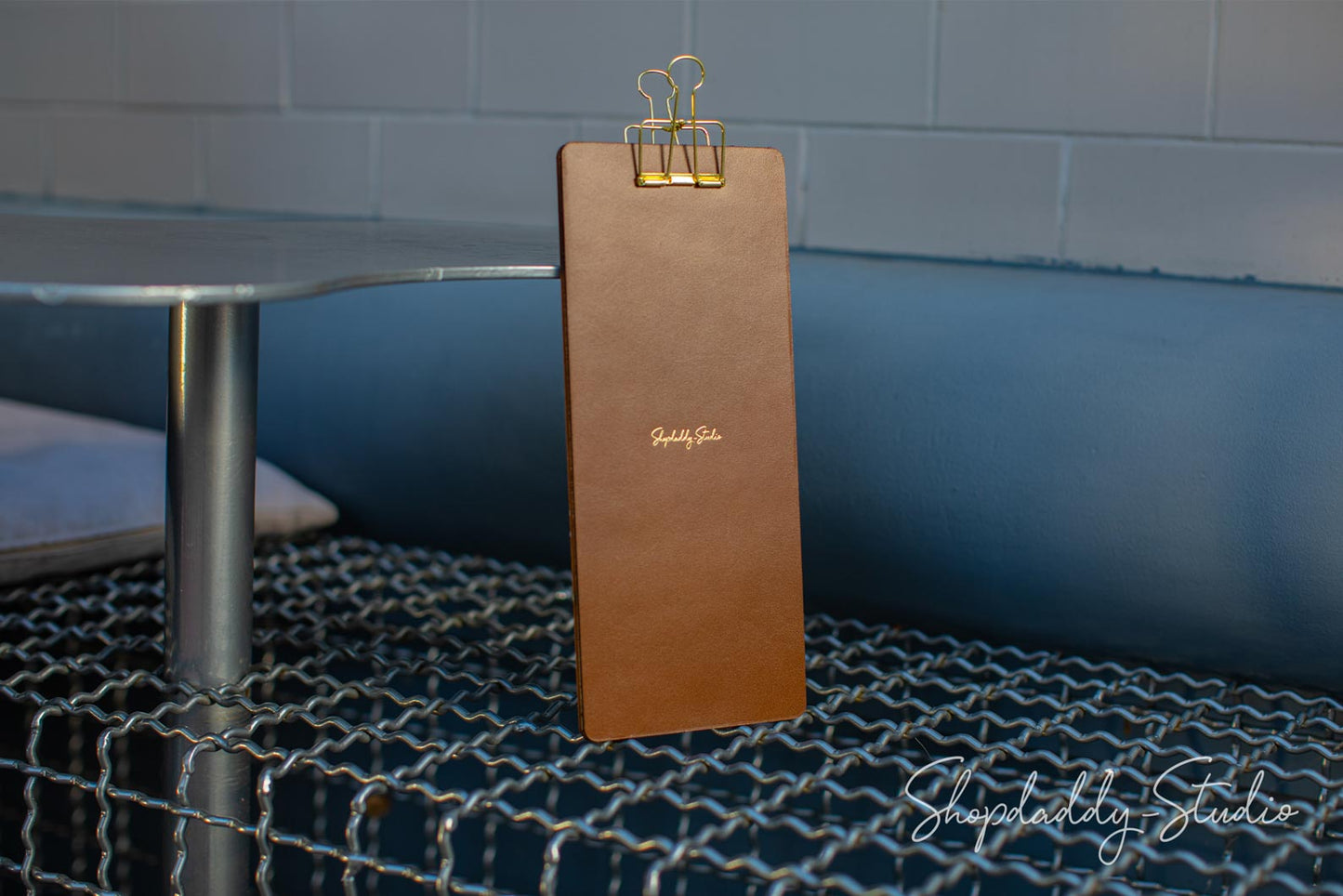 Leather and Wood Menu Board with Golden Binder for drink menu