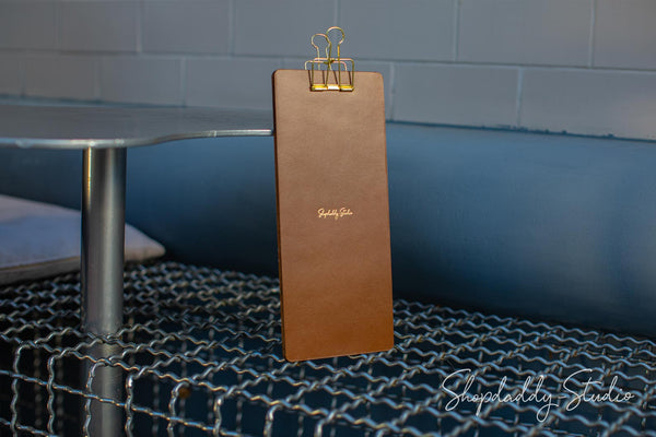 Leather and Wood Menu Board with Golden Binder for drink menu